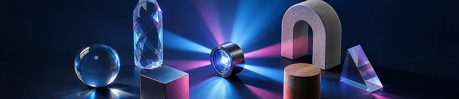 Verschiedene hochwertige Objekte aus Glas, Metall, Keramik und Holz bringen ihre unterschiedlichen Formen in eine gemeinsame leuchtende Kommunikationslinse ein