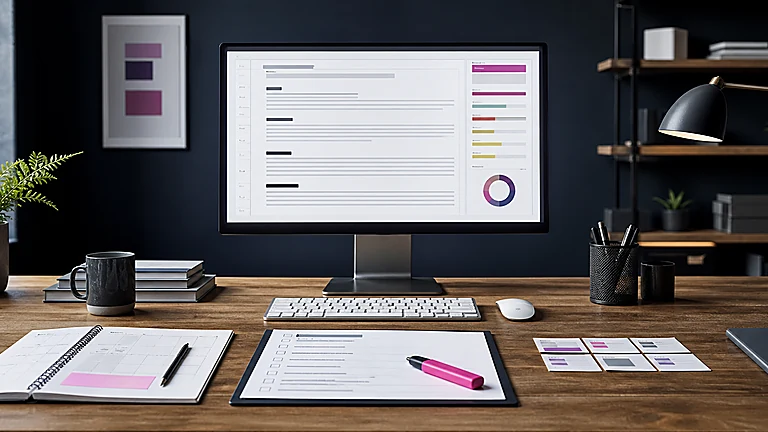 Redaktioneller Arbeitsplatz mit einer Inhaltsanalyse auf dem Monitor