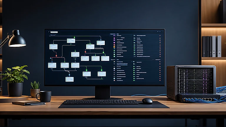 Technisches Crawling-Diagramm und Serverstatus-Anzeige auf einem Arbeitsplatzmonitor