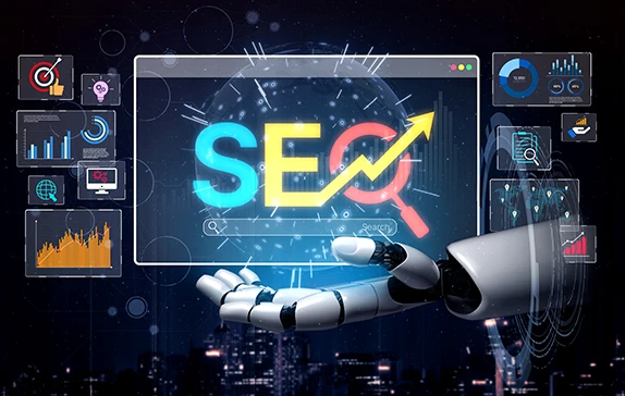 KI-gesteuerte SEO: Roboterhand vor „SEO“-Schriftzug mit Aufwärtspfeil und Analytics-Dashboards.