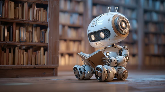 Kleiner Roboter liest ein Buch in der Bibliothek – KI, Wissensdatenbank & RAG.