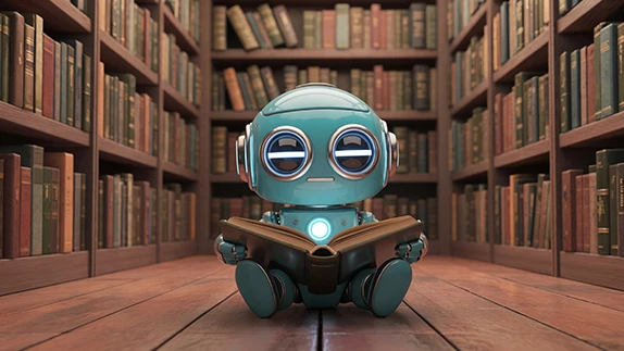 Kleiner Chatbot liest ein Buch in der Bibliothek – KI lernt aus Quellen (Knowledge-Base/RAG).