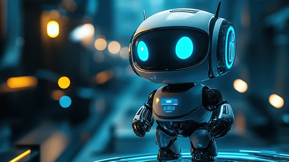 Kleiner KI-Roboter/Chatbot in futuristischer Umgebung – Generative AI & Automatisierung.