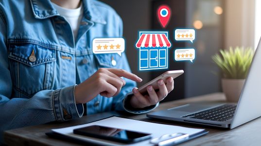 Local SEO erklärt: Smartphone mit Bewertungen, Standort-Pin und Laden-Icon – Suche mit lokalem Bezug