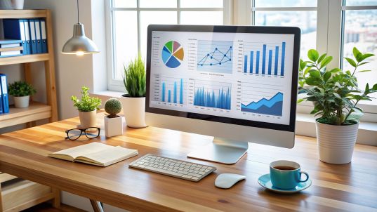 OnPage-SEO: Arbeitsplatz mit Monitor und Analytics-Diagrammen – Struktur, klare Navigation und nutzerfreundliche Inhalte