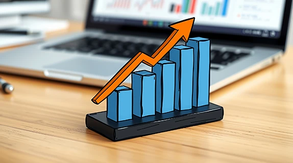 Steigendes Balkendiagramm mit Pfeil vor Laptop – Wachstum, Performance & Reporting.