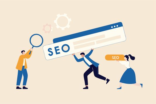 SEO alleine machen: Illustration mit Suchleiste, Lupe und Zahnrädern – Fokus auf Zeit, Geduld und Lernen
