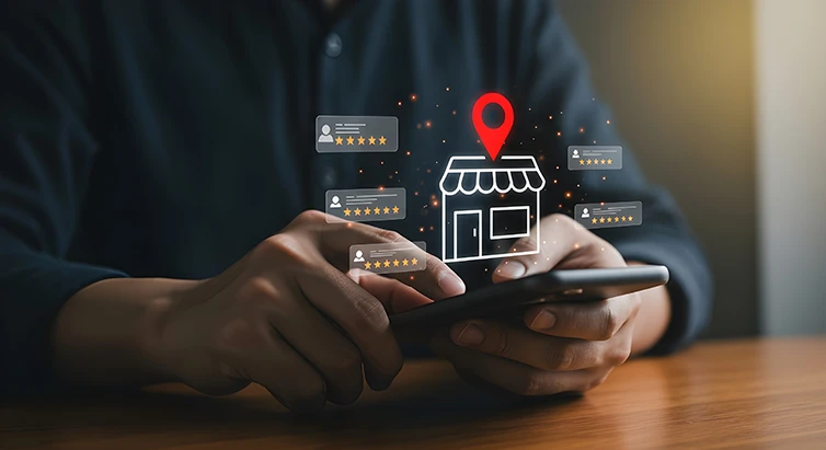 Smartphone mit Laden-Icon, Standort-Pin und Sterne-Bewertungen – Local SEO & Google-Rezensionen.