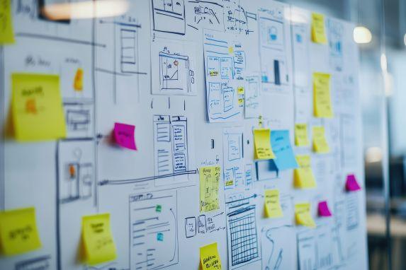 Whiteboard mit Sitemap- und Wireframe-Skizzen – Strategie & IA, UX/UI-Design, Performance-Engineering, CMS/Shop, Content & CRO sowie GA4-Tracking.
