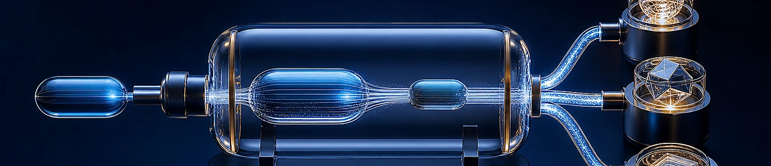 Eine erste Anfrage und eine kleinere Folgeanfrage werden in einer transparenten Kontextkammer verbunden und auf drei Quellenpfade verteilt
