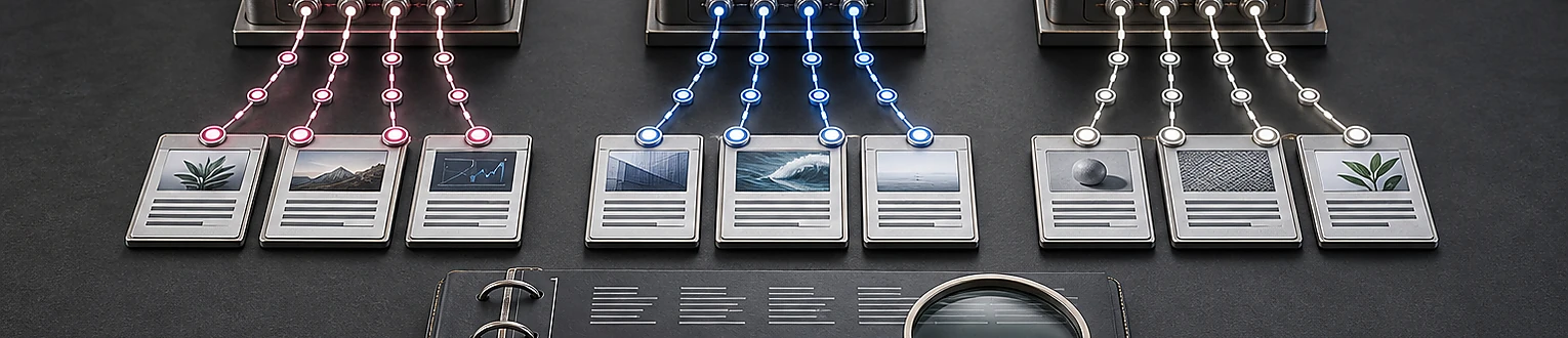 Mehrere KI-Antwortmodule werden mit ihren zitierten Quellen und einem zeitlichen Monitoring abgeglichen