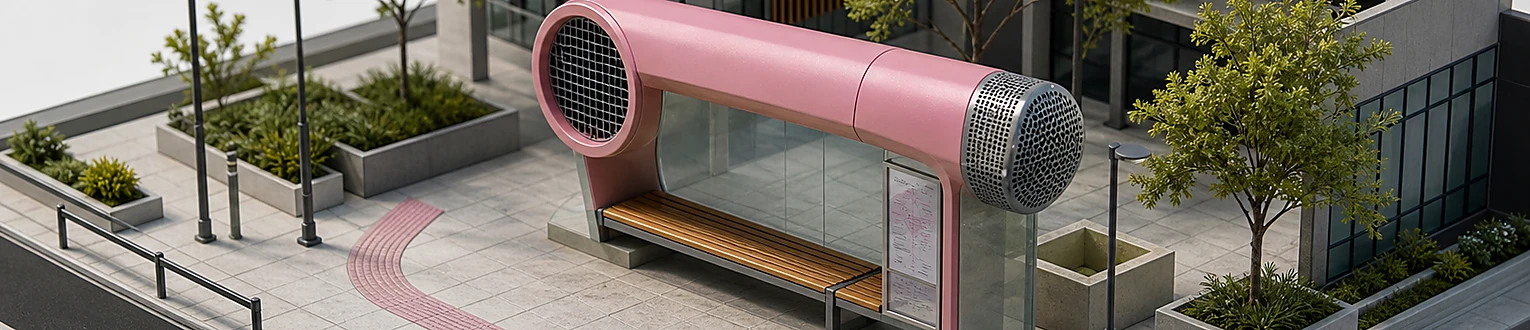 Eine genehmigte Werbeinstallation bindet Buswartebereich, Wegeführung und Stadtmöbel in ihr Motiv ein