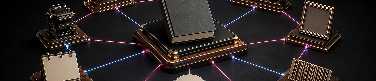 Ein Buch wird mit Autor-, Verlag-, Datum-, Ausgabe-, Sprach-, Kennungs-, Bild-, Bewertungs- und Angebotsdaten verknüpft