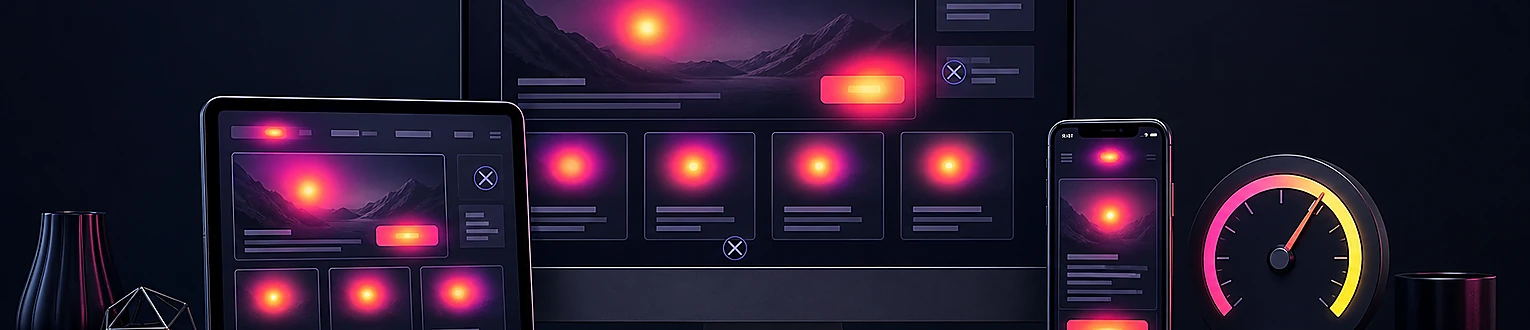 Klickcluster auf responsiven Desktop-, Tablet- und Mobilansichten werden mit Fehlklick-Markierungen und einer Conversion-Anzeige verglichen