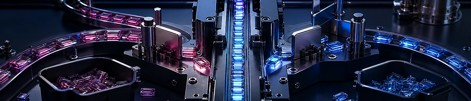 Eine technische Sortieranlage leitet relevante URL-Elemente durch einen geraden Kanal und hält doppelte oder unnötige Elemente in Seitenbahnen zurück
