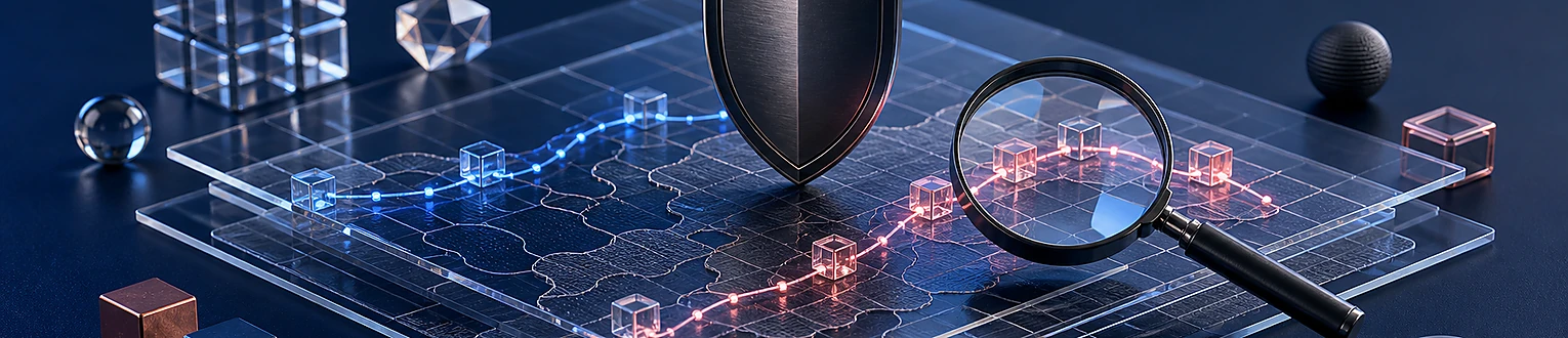 Eine transparente Risikokarte mit Datenwegen wird durch Schutzschild und Prüflinse kontrolliert, während einzelne Risikoelemente klar markiert bleiben
