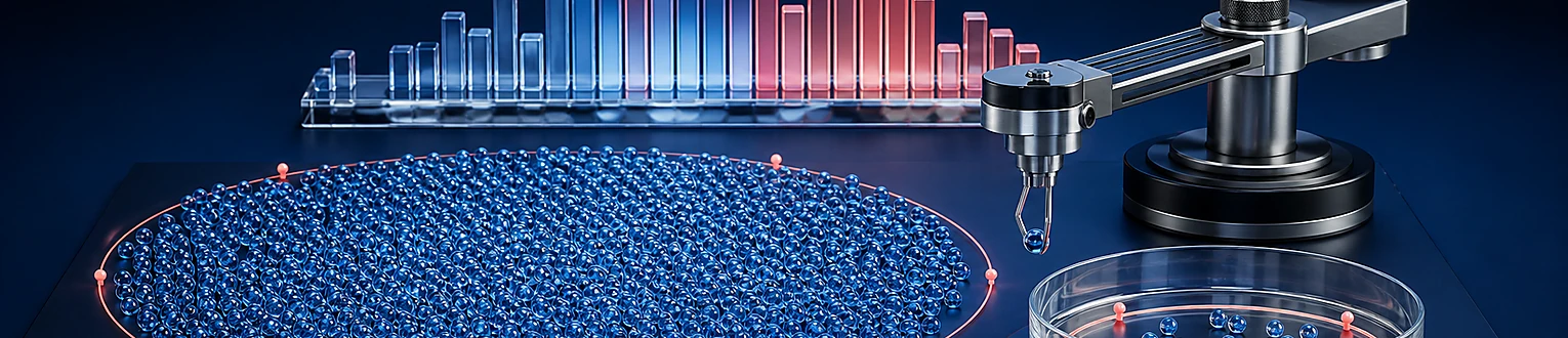 Ein Präzisionsarm entnimmt aus einer großen Population blauer Datenperlen eine abgegrenzte Teilmenge für die statistische Auswertung