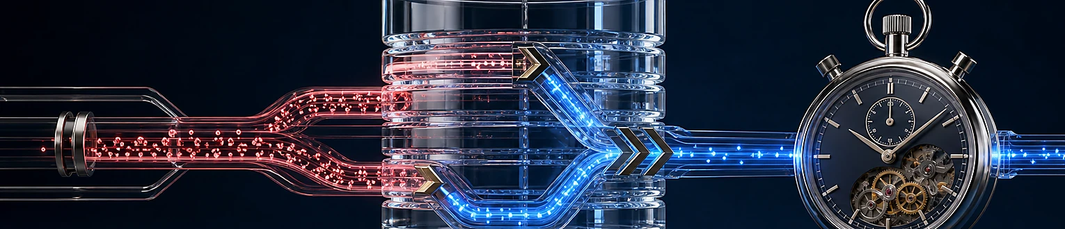Ein Datenstrom durchläuft einen transparenten Datenbankstapel über einen kurzen optimierten und einen langsameren belasteten Abfragepfad neben einem Präzisionschronometer