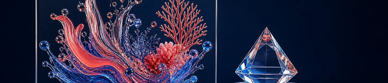 Eine rein schmückende abstrakte Glaslandschaft bleibt von allen Bedienpfaden getrennt, während ein funktionaler Kristall eindeutig mit einem Steuermechanismus verbunden ist