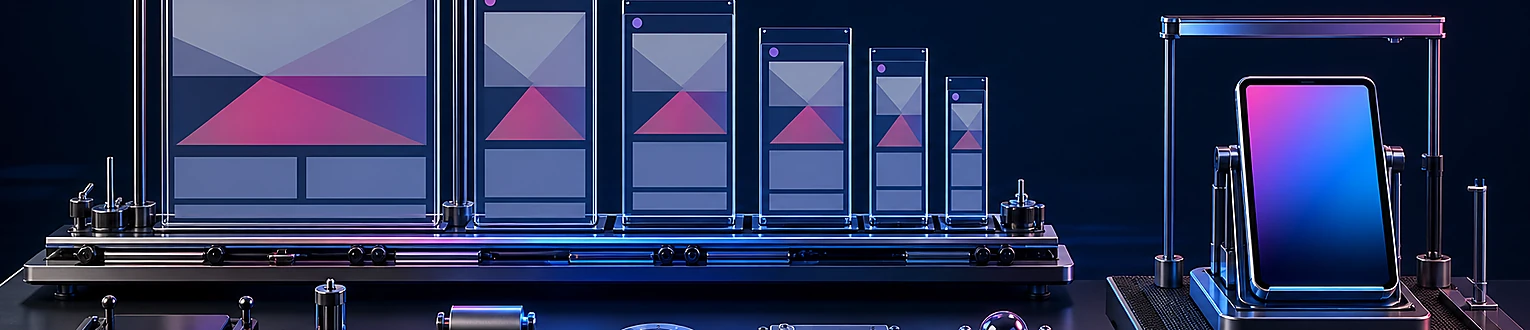 Ein technischer Prüfstand simuliert dieselbe Webseite gleichzeitig auf Smartphone, Tablet und Desktop und vergleicht Darstellung, Eingabe und Netzwerkbedingungen