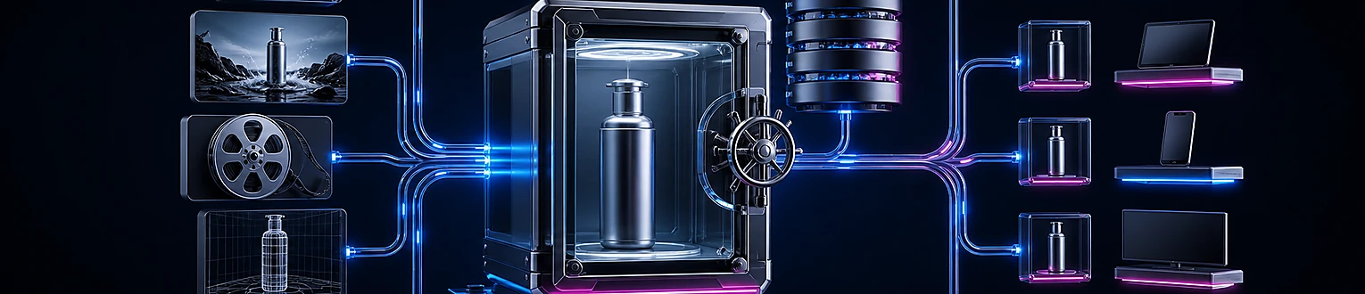 Ein zentraler gläserner Produkt-Tresor ordnet Packshot, Foto, Video, 3D-Modell und Dokument und liefert passende Varianten an mehrere Ausgabekanäle