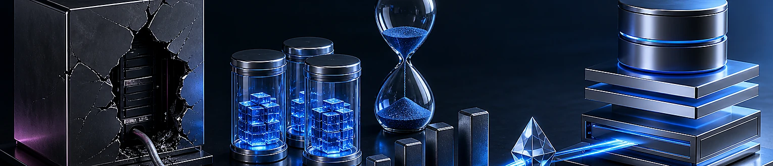 Geschützte Sicherungskapseln führen über eine Integritätsprüfung zu einer neu aufgebauten Systemumgebung, getrennt vom beschädigten Primärsystem und begleitet von einer Sanduhr