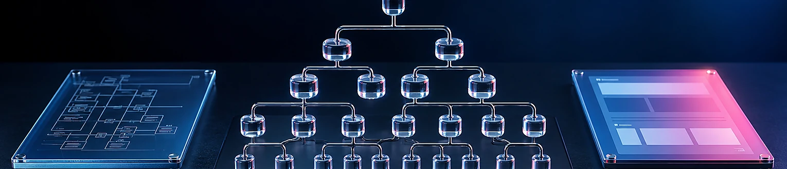 Eine gläserne Hierarchie aus Dokument-, Element- und Textknoten steht zwischen getrenntem Quellmodell und visueller Layoutfläche