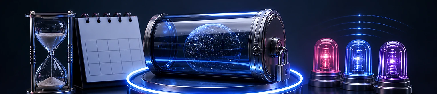 Eine geschützte Domainkapsel wird von Verlängerungsring, Sanduhr, Kalender, Prüftoken, Warnsignalen und Recovery-Schlüssel überwacht