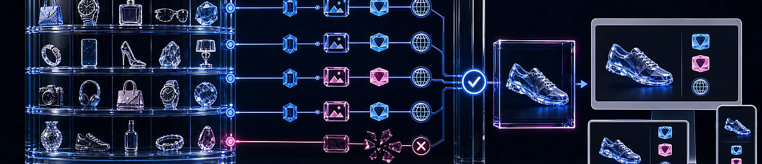 Ein strukturierter Produktfeed verbindet eindeutige Artikelsignale über eine Validierung mit dem passenden responsiven Anzeigenmotiv