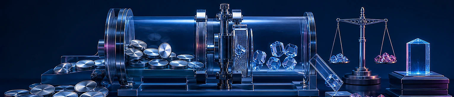 Kostentoken und geprüfte Akquisitionskristalle werden getrennt erfasst; Qualitätsfilter, Waage und Wertkristall ermöglichen den Vergleich