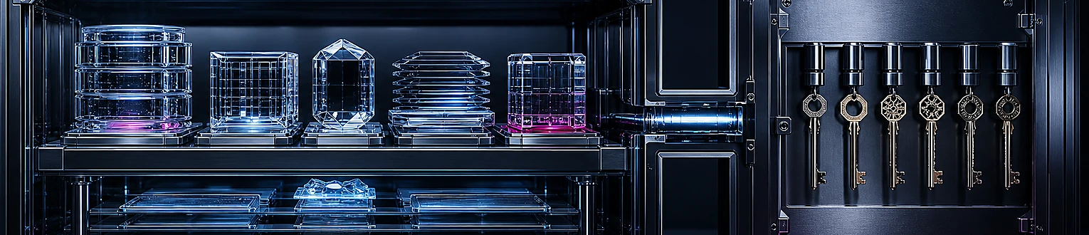 Datenbanken, Dateien und Sicherungen liegen in einem geschützten Speichertresor, während die Schlüssel getrennt verwahrt werden