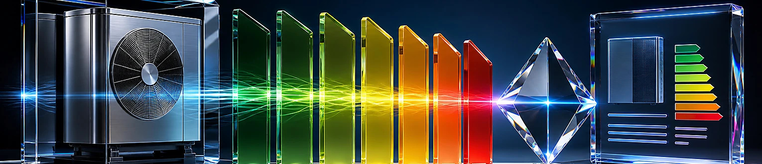 Ein energieverbrauchsrelevantes Produkt wird entlang einer grün bis rot abgestuften Effizienzskala mit seinen Produktdaten abgeglichen