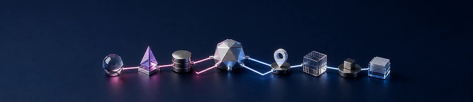Ein zentraler geometrischer Knoten verbindet unterschiedliche Objektknoten über klar getrennte leuchtende Beziehungen
