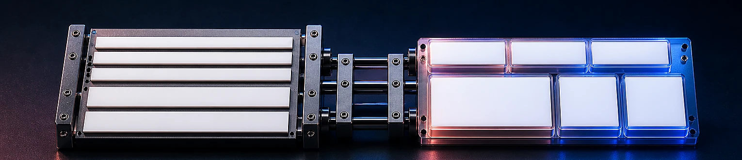 Ein starres Anzeigenraster wird über eine mechanische Verbindung in flexibel kombinierbare leere Textmodule überführt