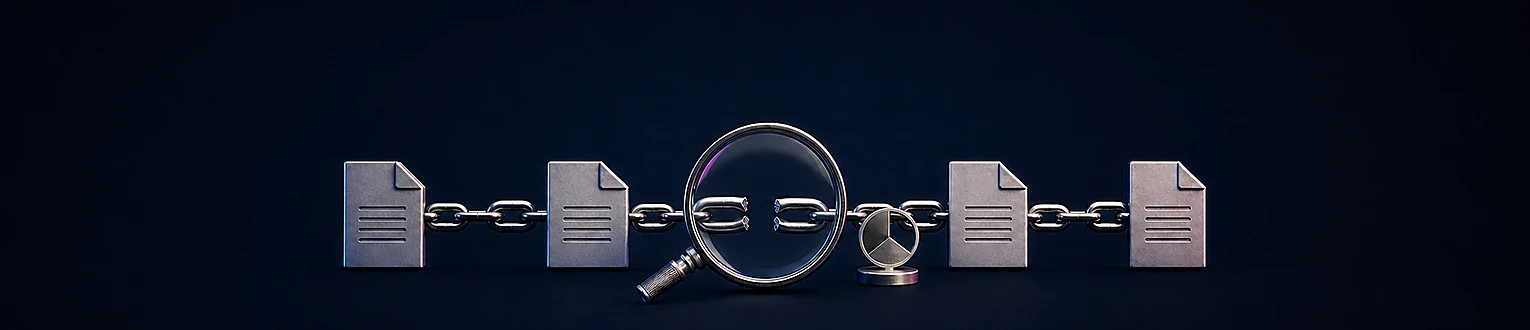 Eine Prüflinse untersucht die unterbrochene Verbindung zwischen neutralen Dokumentzielen in einer Metallkette