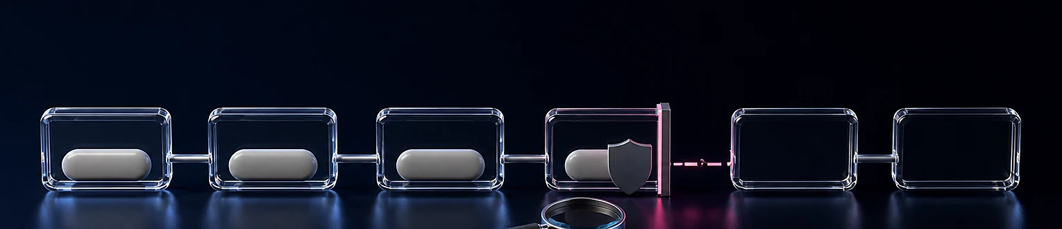 Eine Folge transparenter Formularfelder bricht an einem unvollständigen Eingabeschritt mit sichtbarer Hürde und Prüflinse ab