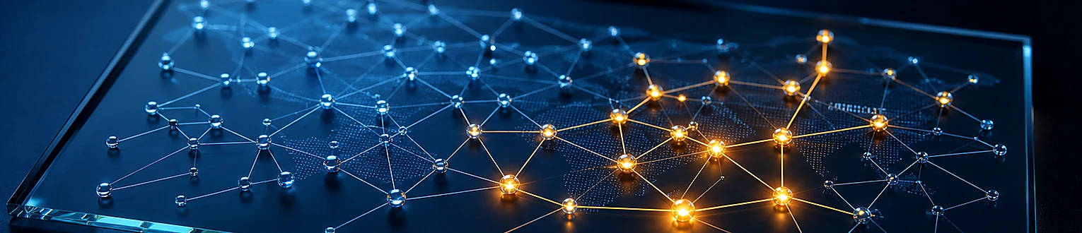 Neue warm leuchtende Verbindungspunkte ergänzen ein bestehendes kühles Netzwerk auf einer transparenten Datenplatte
