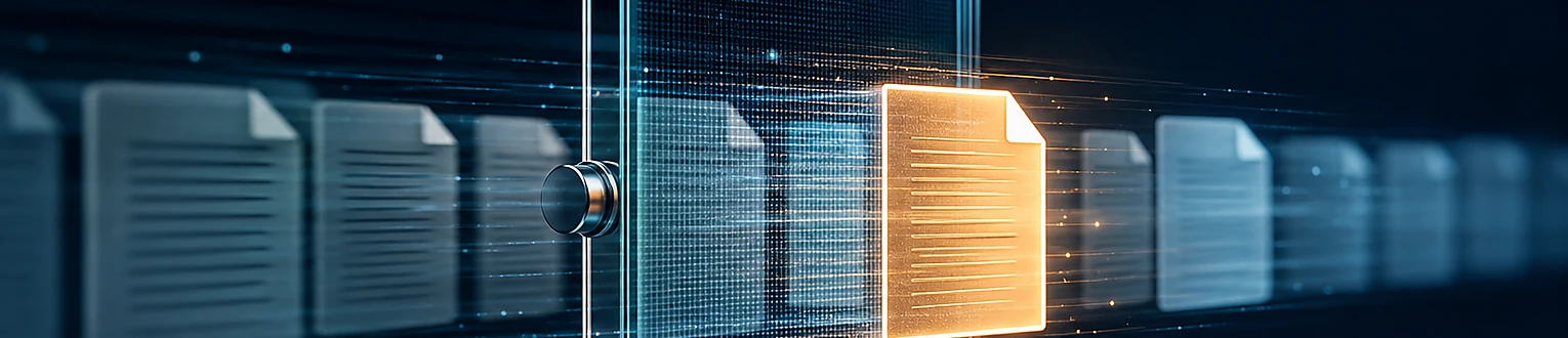Ein transparentes Präzisionsfilter hebt ein neues leuchtendes Dokument aus einer Reihe älterer neutraler Dokumente hervor