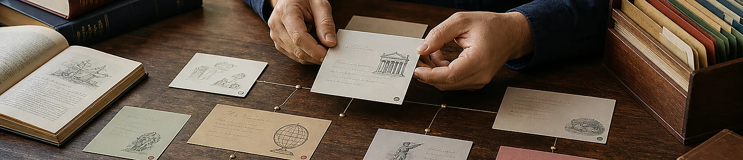 Eine Redakteurin ordnet eigenständige Begriffskarten mit Quellen zu einer verbundenen Fachbibliothek