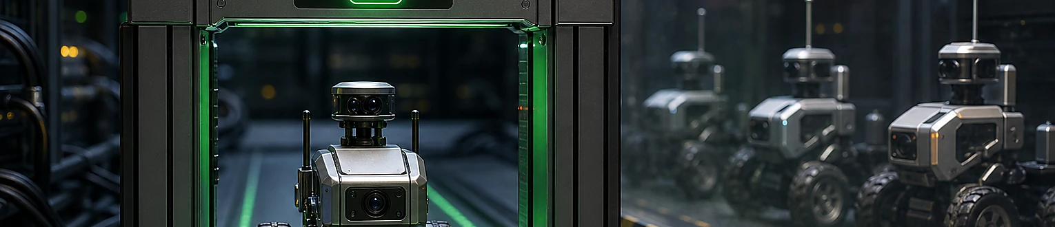 Ein verifizierter Inspektionsroboter passiert ein Prüftor auf einem erlaubten Datenweg