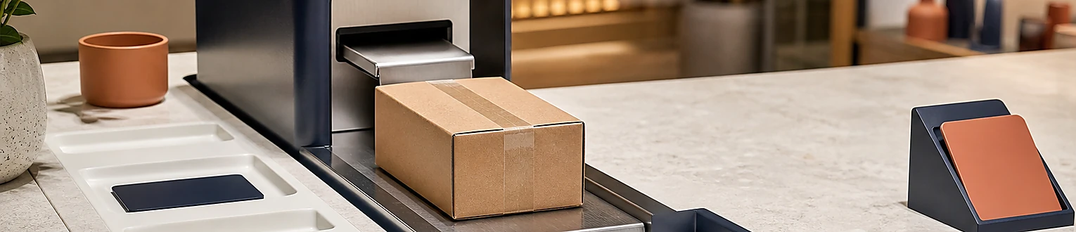 Ein Produktpaket passiert direkt einen sicheren Bezahlweg, während eine optionale Mitgliedskarte unbenutzt danebenliegt