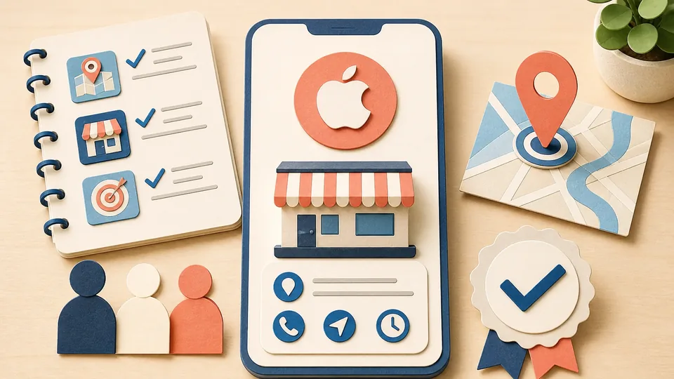 Helle Papercraft-Illustration zum Ratgeber Apple Business Connect einrichten