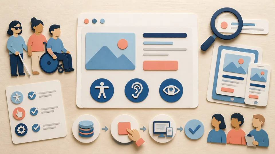 Helle Papercraft-Illustration zum Ratgeber Barrierefreies Webdesign