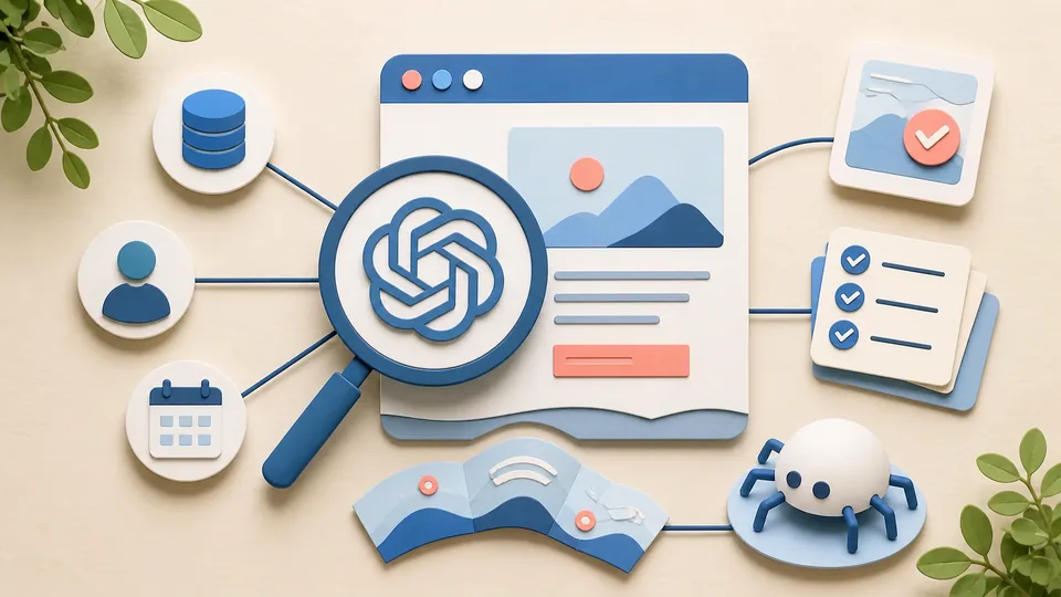 Helle Papercraft-Illustration zum Ratgeber ChatGPT Search für Websites
