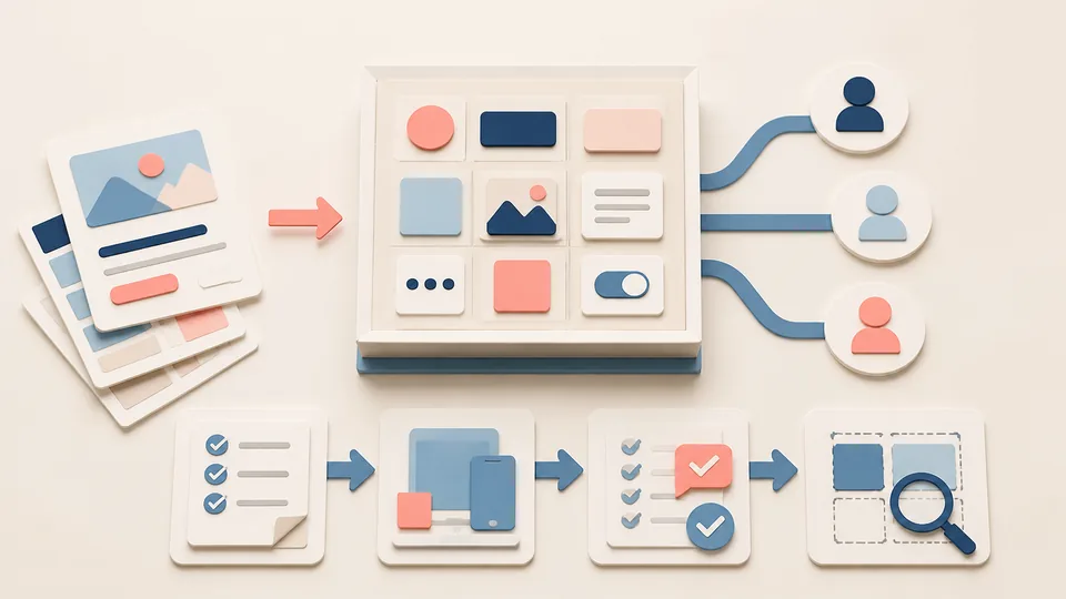 Helle Papercraft-Illustration zum Ratgeber Designsystem aufbauen