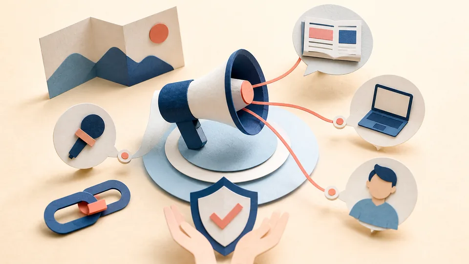 Helle Papercraft-Illustration zum Ratgeber Digital PR für belastbare Erwähnungen