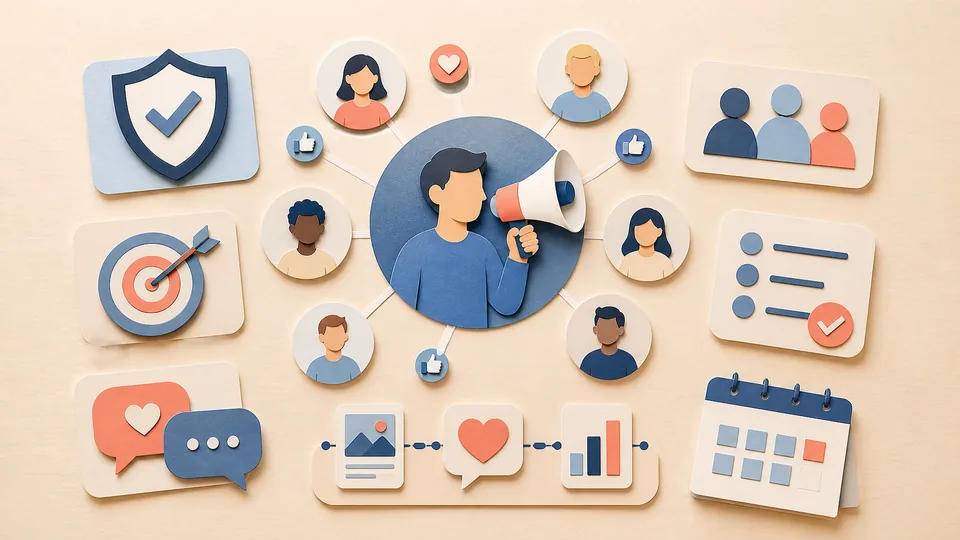 Helle Papercraft-Illustration zum Ratgeber Employee Advocacy aufbauen