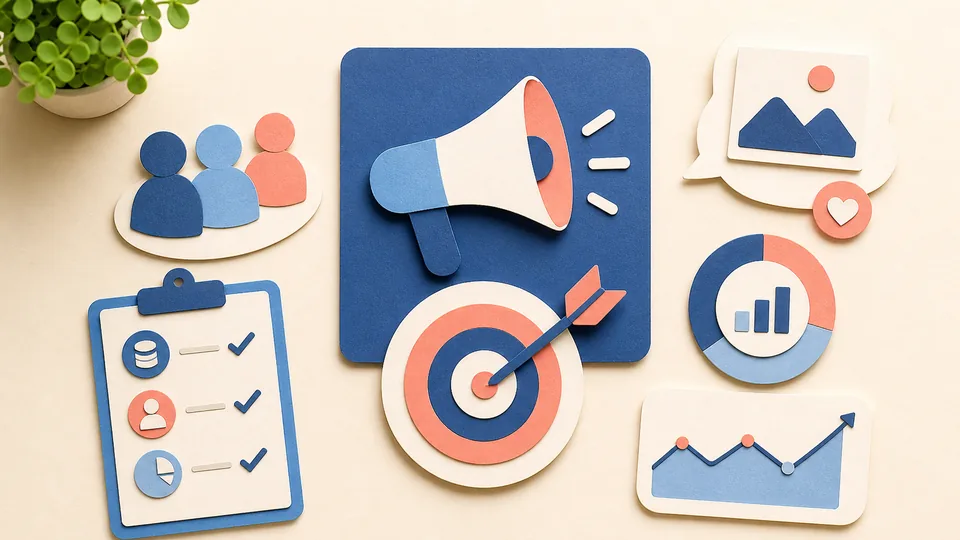Helle Papercraft-Illustration zum Ratgeber Facebook Ads Grundlagen
