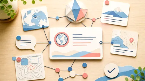 Helle Papercraft-Illustration zum Ratgeber GEO Grundlagen für Unternehmen