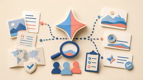 Helle Papercraft-Illustration zum Ratgeber Gemini und Google Suche